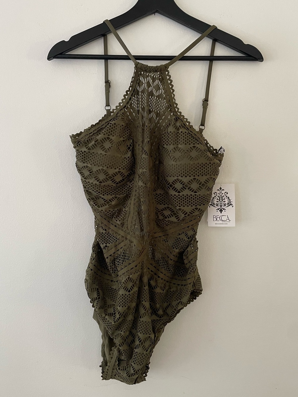 BECCA Color Play High Neck Halter Crochet Style One-Piece Swimsuit Size L - Picture 3 of 7